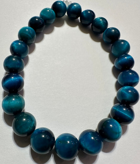 Aquamarine Tiger Eye Gemstone Bracelet w/ 8mm Beads