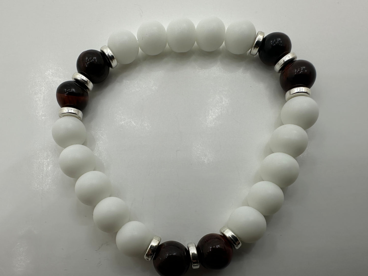 White Agate and Red Tiger’s Eye Gemstone Bracelet Size 7in.