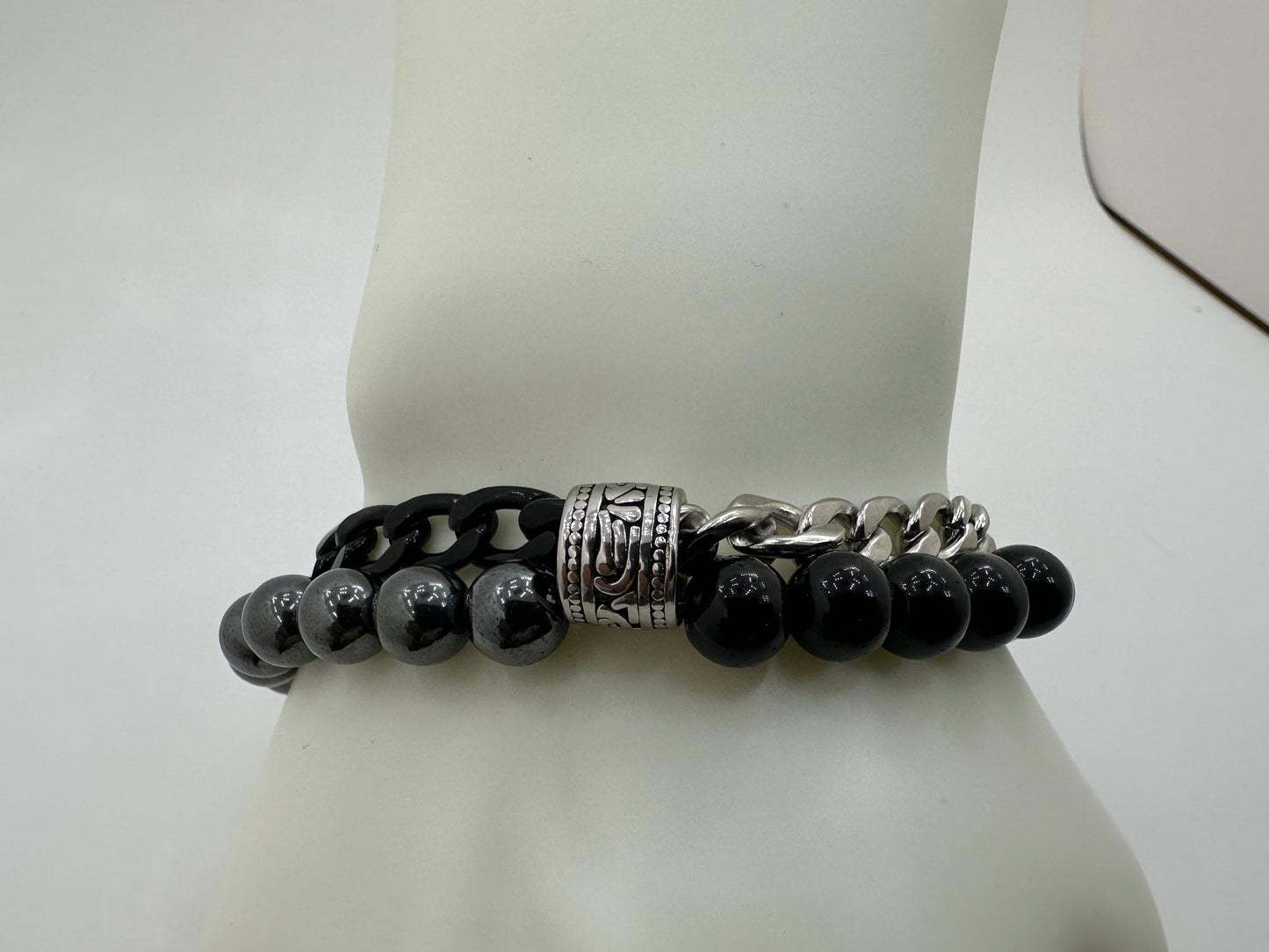 Black Onyx, Hematite  and Black and Silver Color Chain Gemstone Bracelet Chain Bracelet