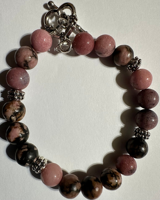 7 inch Rhodonite Gemstone Bracelet With Heart Toggle Closure and Silver Accents