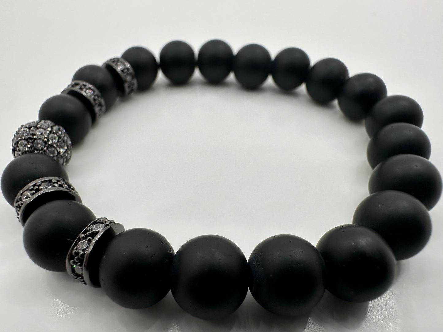 Matte Black Onyx and Pave Rhinestone Accents Gemstone Bracelet Size 6.5 inch