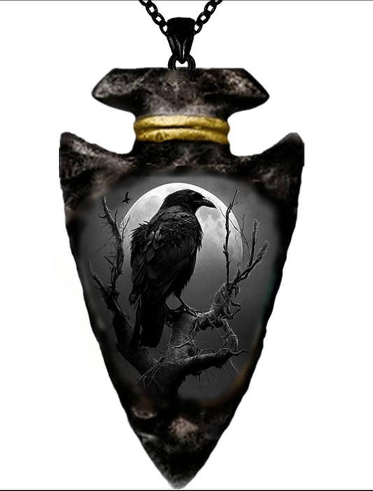 Arrowhead Pendant Necklace featuring a raven in a graveyard Necklace