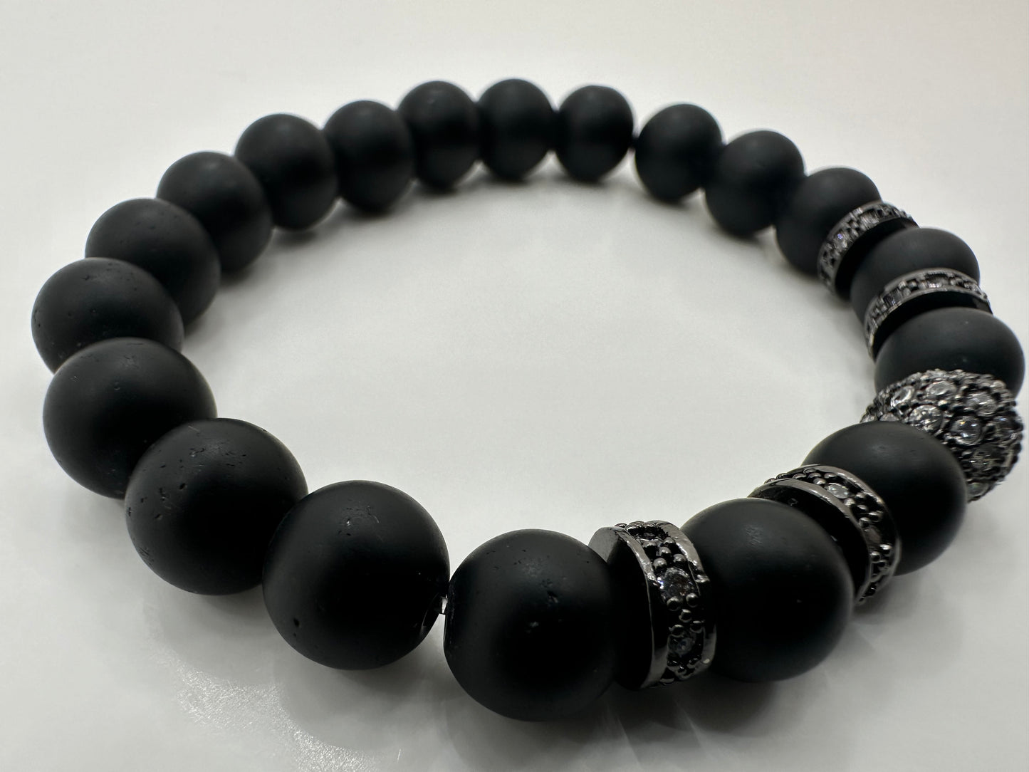 Matte Black Onyx and Pave Rhinestone Accents Gemstone Bracelet Size 6.5 inch
