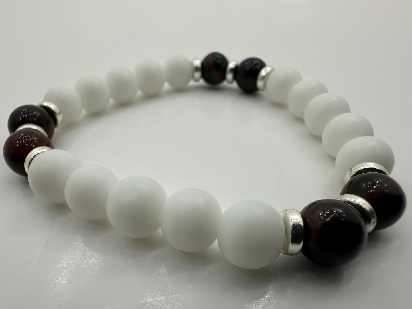 White Agate and Red Tiger’s Eye Gemstone Bracelet Size 7in.