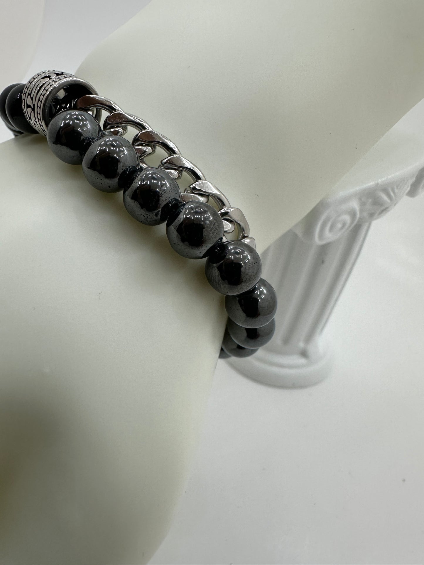 Black Onyx, Hematite  and Black and Silver Color Chain Gemstone Bracelet Chain Bracelet