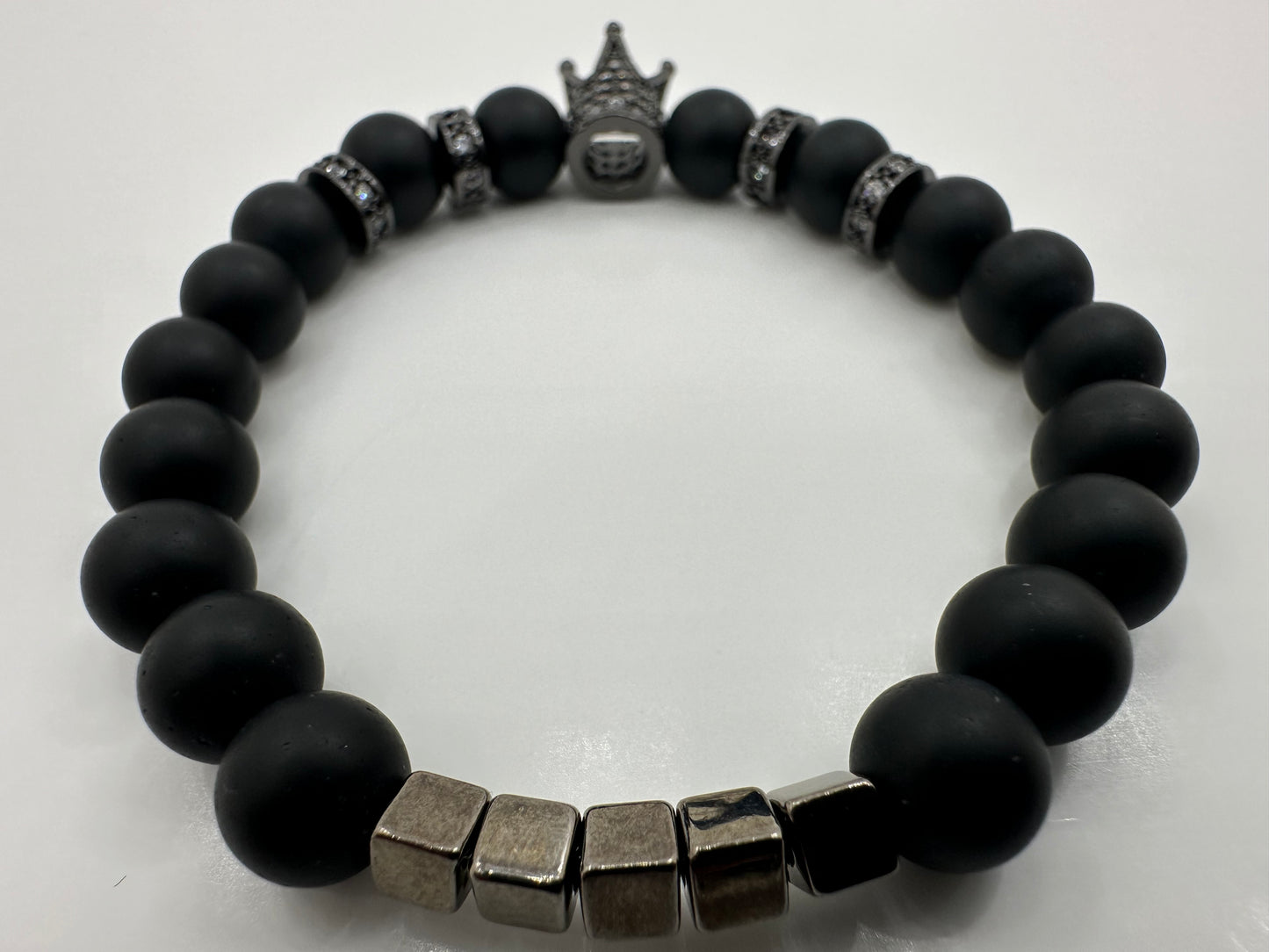 Matte Black Onyx and Pave Rhinestone Gemstone Bracelet Size 7 inch