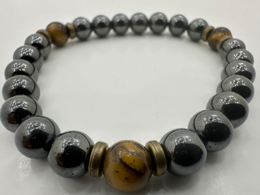 Hematite Gemstone Bracelet with Tigers Eye, Black Onyx or White